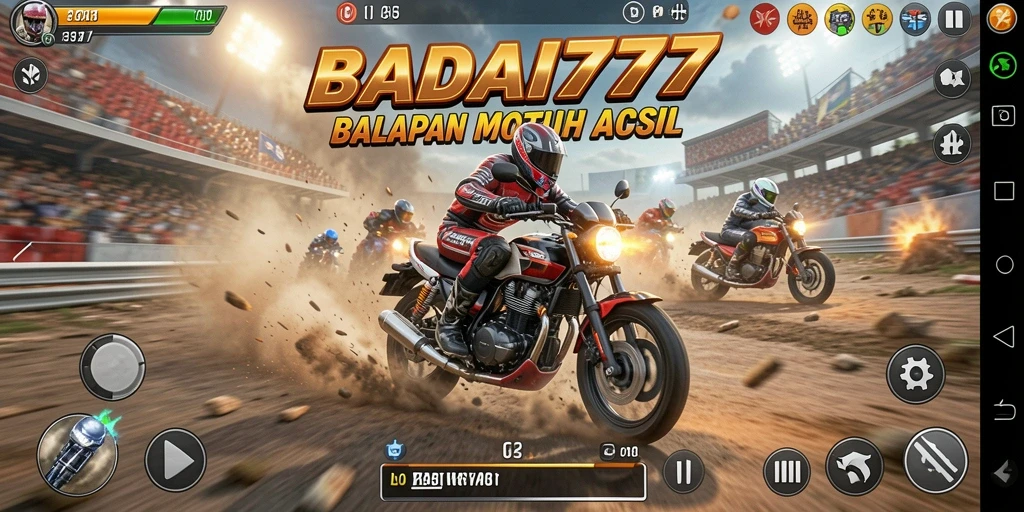 Screenshot gameplay BADAI777 menampilkan balapan motor yang mendebarkan.