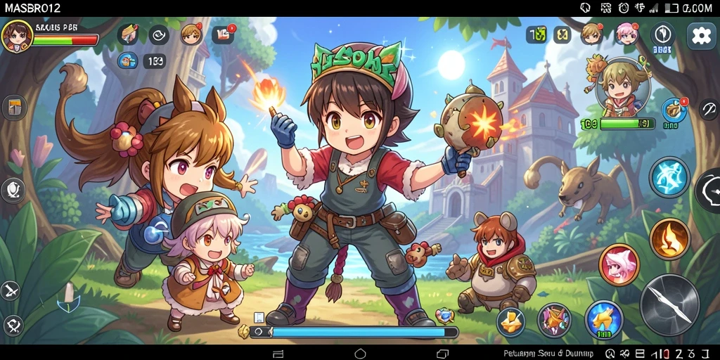 Tangkapan layar utama MASBRO12 menunjukkan aksi dan karakter anime yang dinamis.