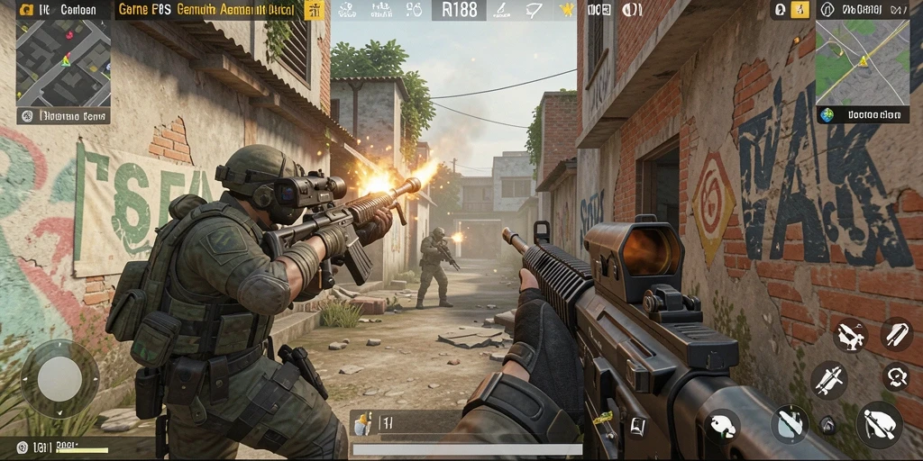 Tampilan gameplay mendebarkan dalam RI188 dengan aksi tembak-menembak intens.