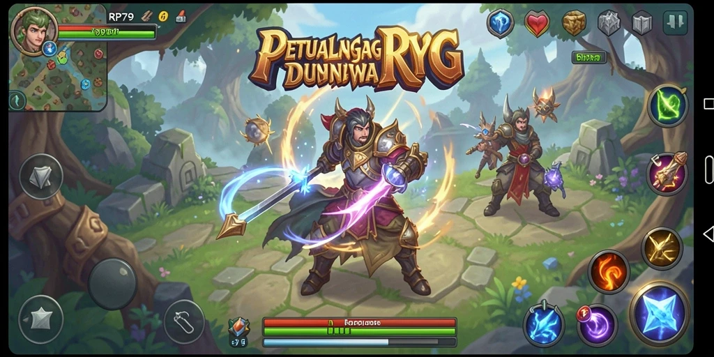Screenshot gameplay RP79 menampilkan pertarungan epik di dunia fantasi.
