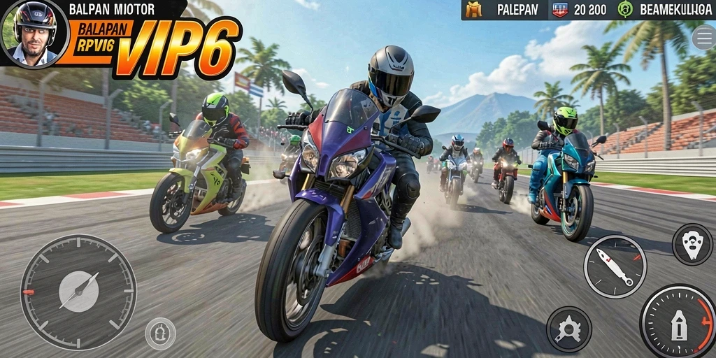 Screenshot RPVIP6 menunjukkan aksi balapan motor yang mendebarkan.