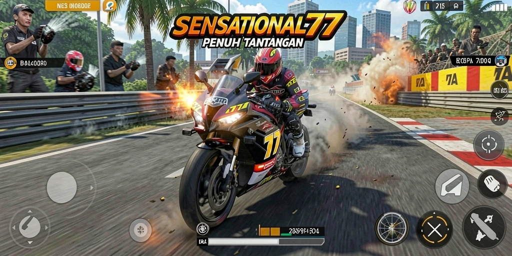 Tampilan gameplay SENSATIONAL77 dengan balapan motor yang mendebarkan.