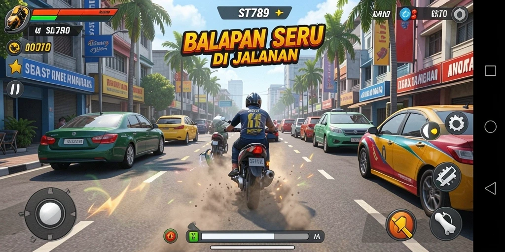 Screenshot ST789 menampilkan aksi balapan seru di jalanan.